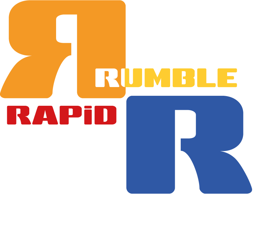 Logo of the card game Rapid Rumble featuring two large stylized 'R' letters in orange and blue. The words 'RAPID' in red and 'RUMBLE' in yellow are placed next to the corresponding letters.